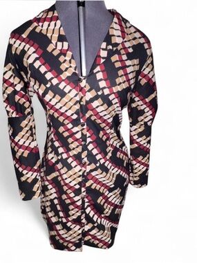 Nasty Gal Black Geometric Button-Front Long Sleeve Dress with Tan and Burgundy